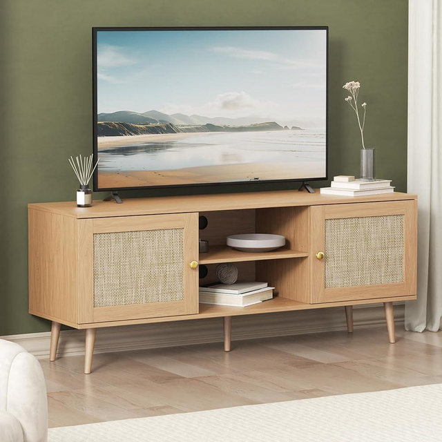 Furnify Rattan TV Stand for 55/60 inch TV, Boho 53" Entertainment Center with Storage, Modern Mid Century Media Console with Rattan Doors and Adjustable Shelf, Wood TV Stand for Living Room, Oak