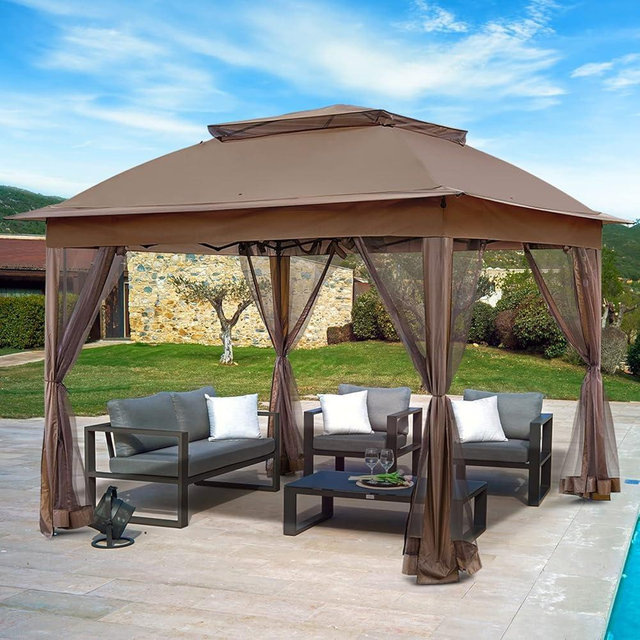INTER HUT 11x11 Pop Up Gazebo Tent with Mesh Netting, Instant Outdoor Canopy with UPF 50+ UV Protection, Water Resistant, Brown