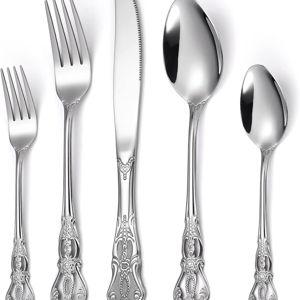 Gorgeous Retro Royal Silverware Set For 8,OIULO 18/0 Stainless Steel 40-Piece Flatware Set Service for 8,Vintage Fine Dining Utensils Fork Spoon Knife,Antique Baroque Cutlery,Mirror,Dishwasher Safe