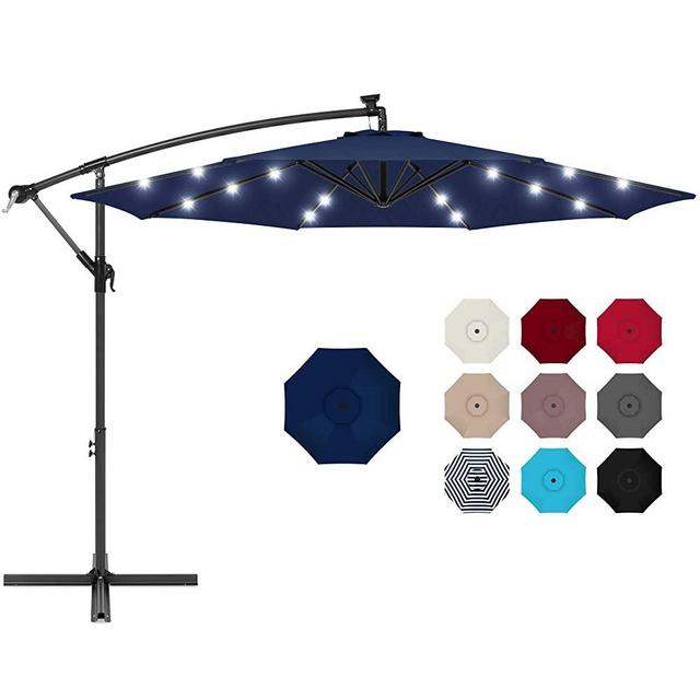 Best Choice Products 10ft Solar LED Offset Hanging Market Patio Umbrella for Backyard, Poolside, Lawn and Garden w/Easy Tilt Adjustment, Polyester Shade, 8 Ribs - Navy Blue