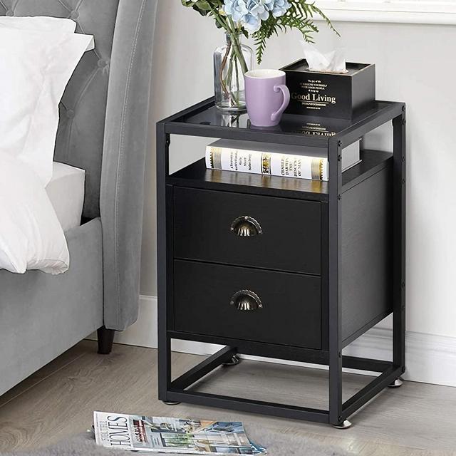VECELO End Side Table,Modern Nightstand Cabinet with Drawer and Shelf Decoration in Living Room Bedroom Lounge, Glass, Vintage Black