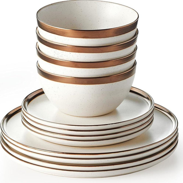 Luna Collection by Maison Neuve Stoneware Dinnerware Set for 4-12 Piece Ceramic Plates and Bowls Set - Ceramic Dish Set - Kitchen Dishes Set - Modern Stoneware Dinner Set in Gift Box - Cream/Bronze