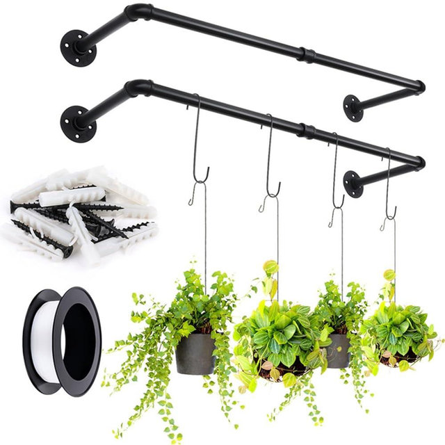 Yoiemivy Hanging Planter Bars with 4 Hooks Hanging Planters for Indoor Plant Wall Mount Planter Hanger Rod Black Window Plant Hanger Shelf Holder for Window Wall Ceiling Herb Garden (Black)