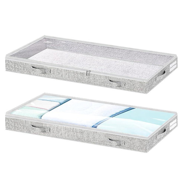 Tinharthy Low Profile Under Bed Storage, 3-Inch High Foldable Underbed Storage Bins with Lid & Zipper, No Structure, Super Slim Clothes Organizer for Crib Dorm Couch Low Bed, 2-Pack, Clear Top