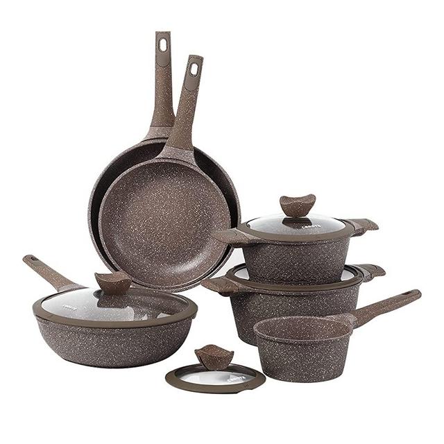 Carote Granite Nonstick Cookware Set, 10 Piece Pots and Pans Set Nonstick, Healthy Non Stick Stone Cookware Kitchen Cooking Set with Frying Pans, PFOA FREE ( Brown Granite, Induction Cookware)