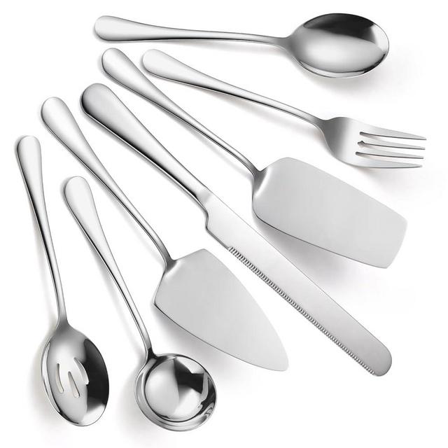 A · HOUSEWARE Silvery Serving Set Flatware 7 Piece Stainless Steel Utensils Server include Large Ladle Pizza Spatula Big Dessert Fork 12” Cake Knife Festival Parties Buffet Catering