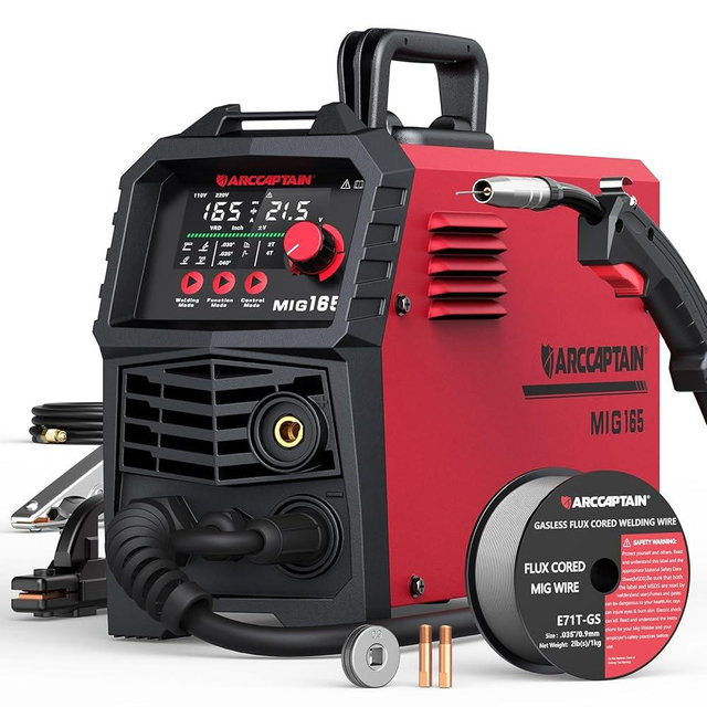ARCCAPTAIN 165A MIG Welder 110V/220V [Large LED Display] 4 in 1 Gasless/Gas MIG/Lift TIG/Stick Welding Machine Multiprocess Welder Machine, IGBT Inverter Welder with Synergy, 2T/4T