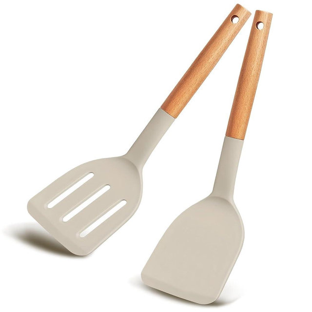 Set of 2 Silicone Spatula Turner for Nonstick Cookware, 600°F Heat Resistant Solid Slotted Kitchen Spatula Set with Wooden Handle, Cooking Utensils Set for Egg, Pancake, Fish, Burger