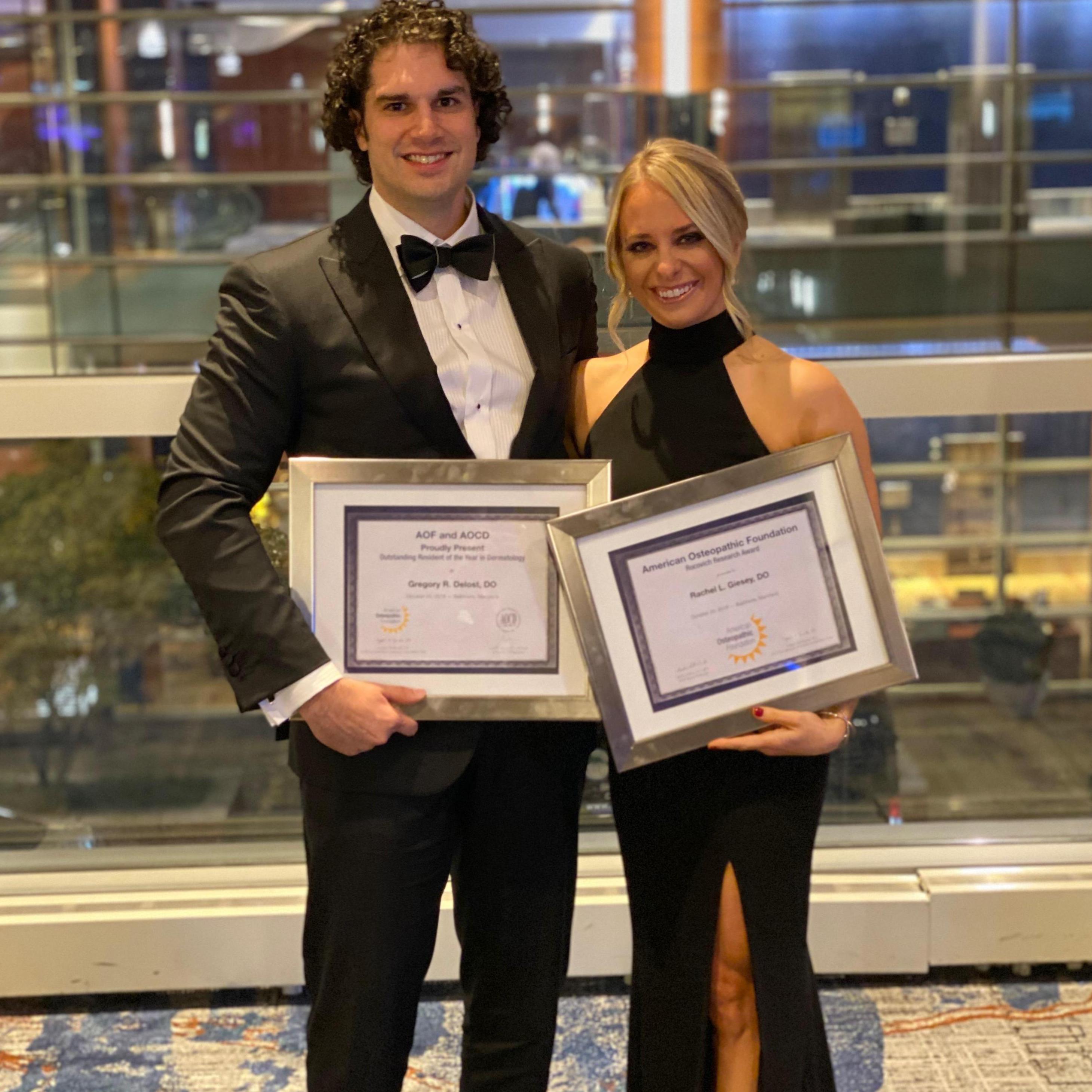 When Greg won Dermatology Resident of the Year and Rachel won Researcher of the Year awards from the American Osteopathic Foundation.