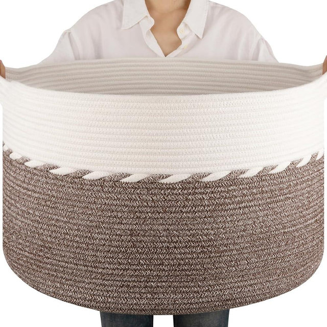 OIAHOMY 90L Blanket Basket for Living Room, Large Basket 23" x 23" x 13" with Handle, Laundry Hamper for Blankets, Pillows, Toy Storage for Kids, Dogs - Brown & White