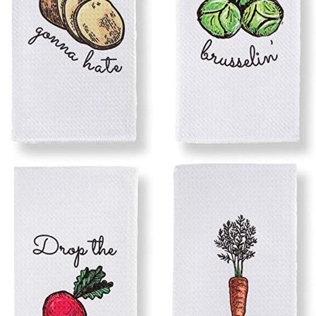 Waffled Microfiber Funny Kitchen Towels, Veggie Puns Kitchen Tea Towel (Set of 4) - Best Housewarming Gifts for New Home Decorative Kitchen Towels With Sayings, Mom Kitchen Gift, Wedding Kitchen Gifts