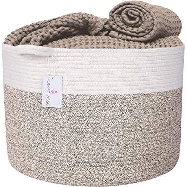 XXL Cotton Rope Basket - 20 x 20 x 13.3 inch Blanket Basket Living Room. Woven Storage Basket for Throws, Toys, Blankets, and Pillows. Laundry Basket with Handles. Lt. Brown Mix.