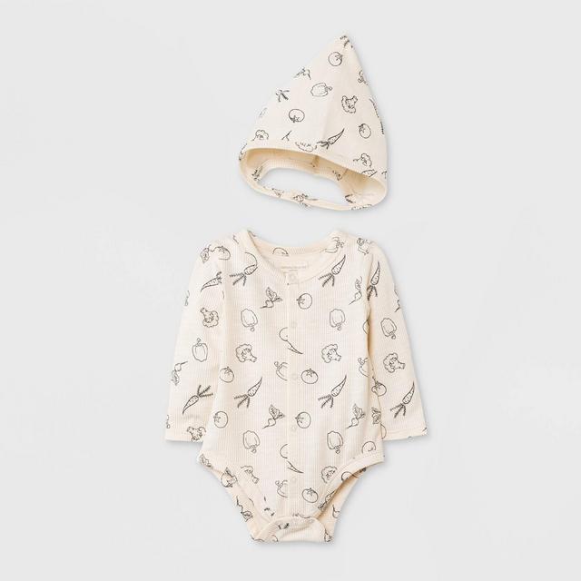 Grayson Collective Baby Long Sleeve Ribbed Bodysuit Bonnet Set - Cream 0-3M