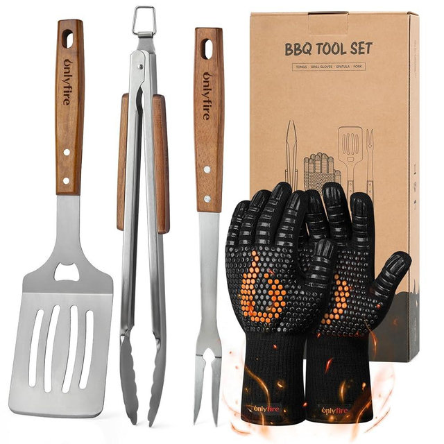 onlyfire Grill Tool Set Stainless Steel Griddle Accessories for Outdoor Camp Chef, Multifunctional Grill Utensil Set Including Grill Spatula, Meat Fork, Barbecue Tong and BBQ Gloves - Set of 5