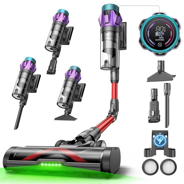 Ultenic Cordless Vacuum Cleaner, 55KPA/650W/80Mins Cordless Vacuum with Bendable Tube, Self-Standing Stick Vacuum, Touch Screen, Anti-Tangle Brush, Vacuum Cleaners for Home/Pet Hair/Carpets