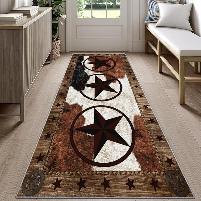 Reocahoo Western Rug for Hallways, 2x6ft, Texas Star Rug Runner, Rustic Brown Cowhide Rugs, Soft Washable Kitchen Mats for Floor - Retro Country Farmhouse Home Decor