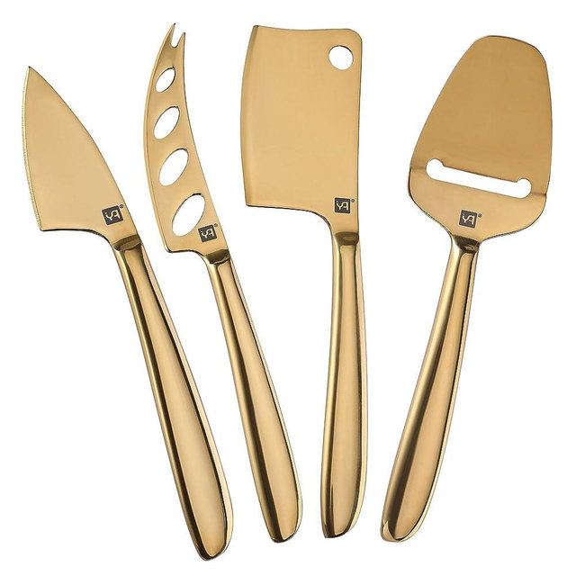 YQ 4Pcs Stainless Steel Cheese Knife Set with Long Handle,Handheld Cheese Slicer,Multipurpose Cheese Cutter for all types of Cheeses,Easy to use (Gold)
