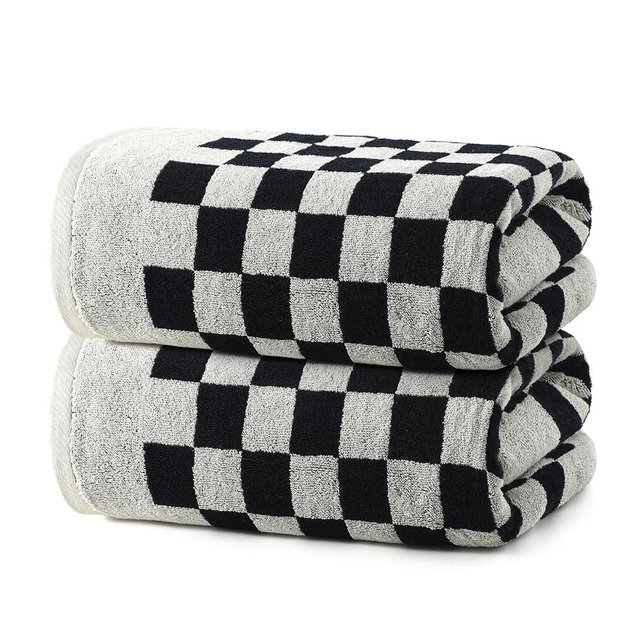 REDKISS 2 Piece Large Black and White Bath Towels Set - 27”x55” Highly Absorbent 600GSM Cotton Checkered Towels for Bathroom Decoration, Retro Checkered Design