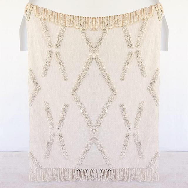 Banilla Bohemian Natural White Throw Blanket for Bed Couch & Dorm 50" x 60" | 100% Cotton Handmade Boho Throw Blankets | Stylish Soft & Cozy Geometric Design with Shaggy Tufting & Tassels