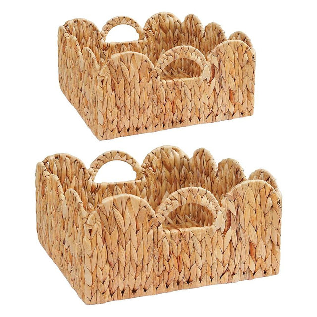 VILSSOVY Scalloped Basket, 2 Packs Hyacinth Storage Baskets for Storage, Woven Water Hyacinth Scallop Baskets with Handles, Decorative Basket for Bedroom, Living Room(11.41"x5.75";9.45"x5")