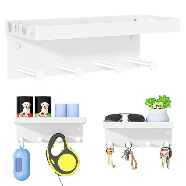 Oukimly Dog Leash Holder for Wall, Key Holder Wall Mount, Metal Dog Leash Hooks, Pet Stuff Storage Shelf for Leash Hanger, Entryway Organizer Key Rack for Pet Collar, Treats, Toys, Mail (White)