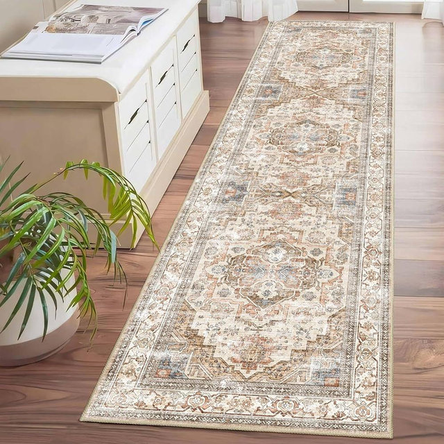 Enkor Runner Rugs for Hallway, 2x8 Washable Soft Non Slip Floor Rugs for Kitchen, Modern Mat for Living Room Bedroom Entryway Beige & Brown