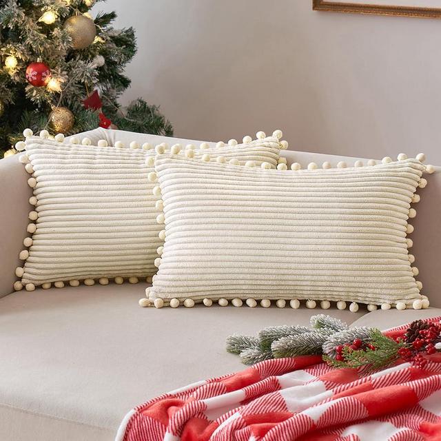 ANRODUO Pack of 2 Cream White Christmas Boho Decorative Pillow Covers with Pom-poms 12x20 Pillow Cover Corduroy Cushion Case Cute and Soft Rectangle Throw Pillows for Bed Couch Sofa Living Room Decor