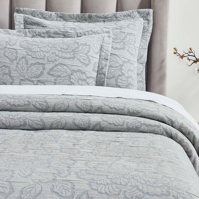 100 Percent Cotton Bedspread Set Floral Matelasse Woven Dual Tone, King, Grey - Blue Nile Mills