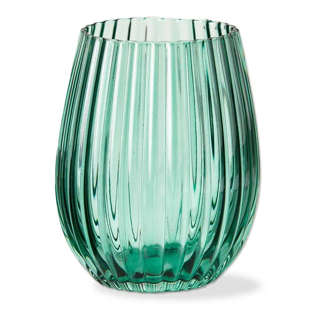 tag Gramercy Fluted Stemless Wine Glasses - 18oz Spruce Green Drinkware for Bar & Holiday Celebrations - Hand Wash Only