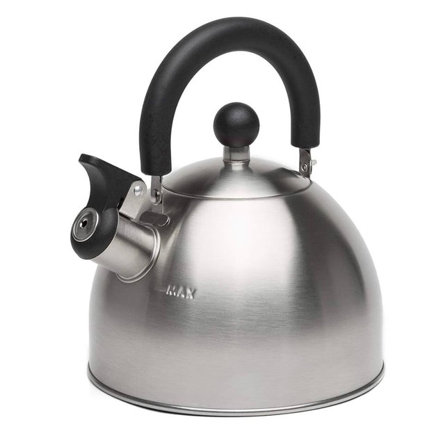 Primula Stewart Whistling Tea Kettle for Stovetop, Stainless Steel Stove Top Kettle with Fast Boil Whistling Spout and Cool Touch Folding Handle, 1.5-Quart, Brushed Silver with Black Handle