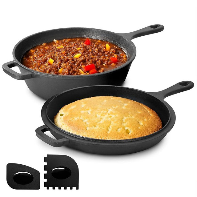Megachef 10.5 Inch 2-in-1 Pre-Seasoned Cast Iron Skillet and Fry Pan Set