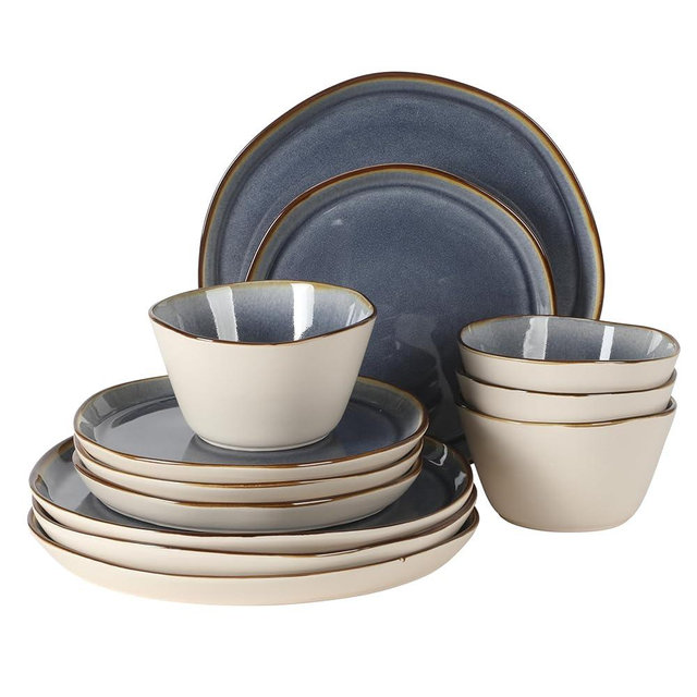 Gibson Elite Algeria River Plates and Bowls Sets, 12-Piece Stoneware Dinnerware Sets, Reactive Glaze Dish Set - Blue