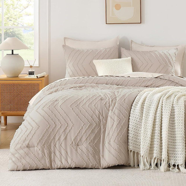 Andency Linen California King Comforter Set, Boho Cal King Soft Warm Tufted Neutral Bedding Comforter Sets, 3 Pieces Cali King Aesthetic Chevron Farmhouse Cute Bohemian Textured Bedding Set
