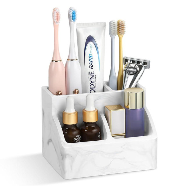Luxspire Toothbrush Holder, Fast Drying Toothbrush Holders for Bathroom, Diatomaceous Earth Electric Tooth Brush Organizer Toothpaste Holder for Countertop Dresser, Marble White