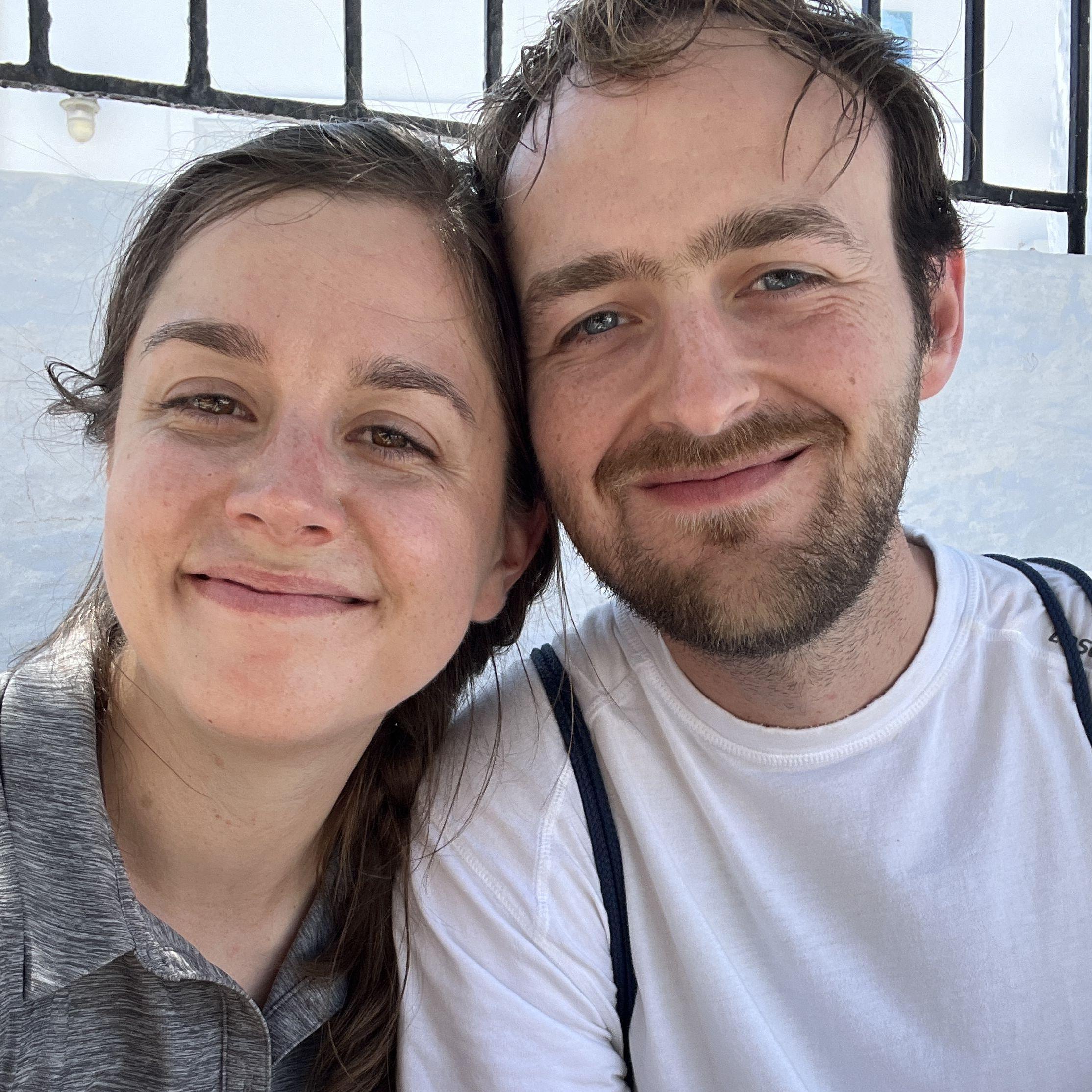 Sweaty smiles on Santorini. We hiked around the caldera in some major heat before jumping in the Aegean.
