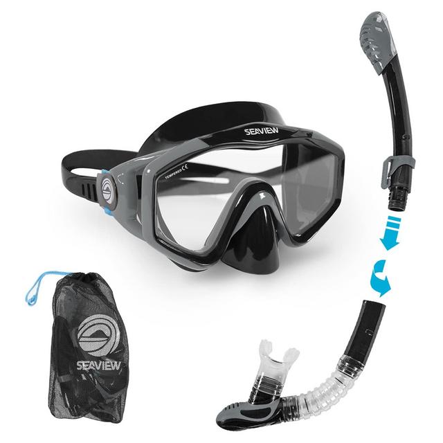 Seaview 180° Kradan Snorkel Set. Wide View Panoramic Tempered Glass Diving Snorkel Mask w/Adjustable Strap Dry Valve Collapsible Swim Snorkel. Durable Travel Collapsible Snorkeling Gear for Adults