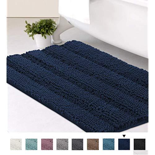 Striped Luxury Chenille Bathroom Rug Mat 20x32 Inch Extra Soft and Absorbent Shaggy Rugs Dry Quickly Plush Rug Carpet for Tub/Toilet/Shower Machine Washable, Navy