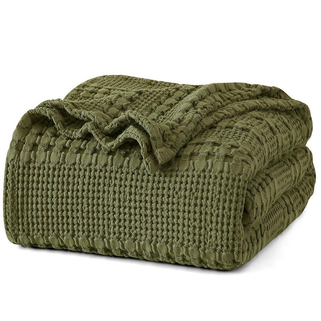 PHF 100% Cotton Waffle Weave Blanket Twin Size for Bed, Lightweight Washed Cotton Blanket - 66"x90" Aesthetic Soft Woven and Breathable Blanket for Sofa Home Decor - Capulet Olive