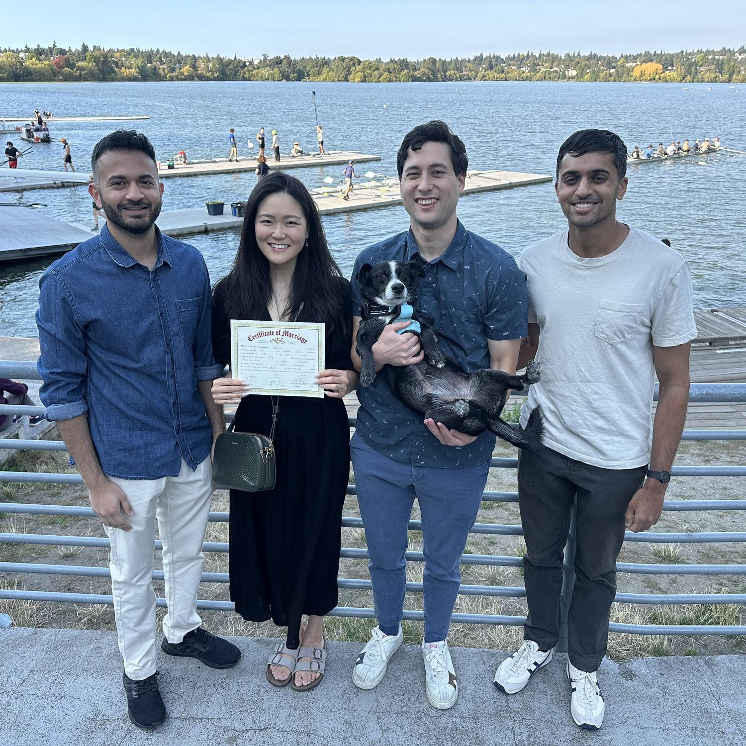 Signed our marriage papers on a random Wednesday at Green Lake. Shiva & Vikram took their witness duties very seriously. (Sept 2025)