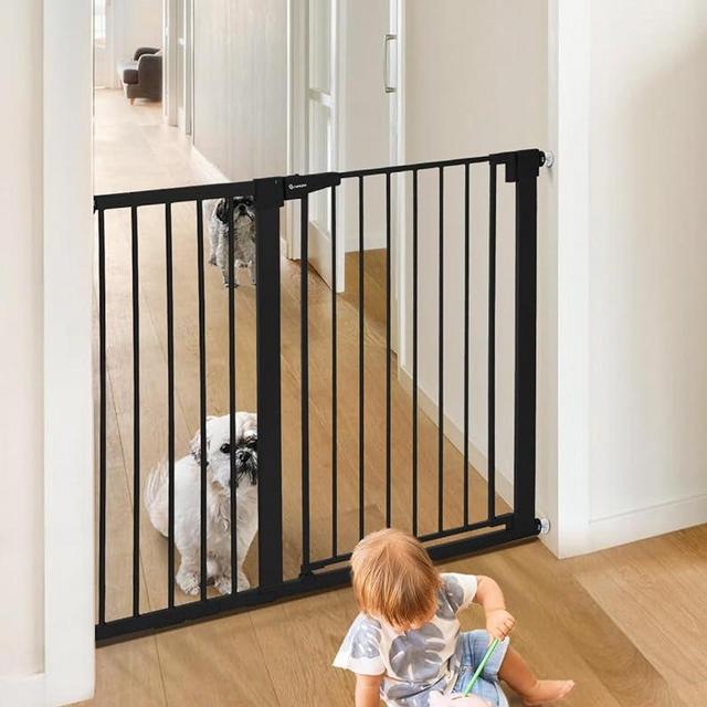 COMOMY 36" Extra Tall Baby Gate for Stairs Doorways, Fits Openings 29.5" to 46" Wide, Auto Close Extra Wide Dog Gate for House, Pressure Mounted Easy Walk Through Pet Gate with Door, Black