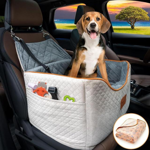 AlfaTok Memory Foam Booster Dog Car Seat with Washable Removable Cover, Elevated Pet Car Seat, Anti-Slip Sturdy Dog Booster Seats for Small Dogs 25lbs, Dog Seat Belt, Storage Pocket, Dog Blankets