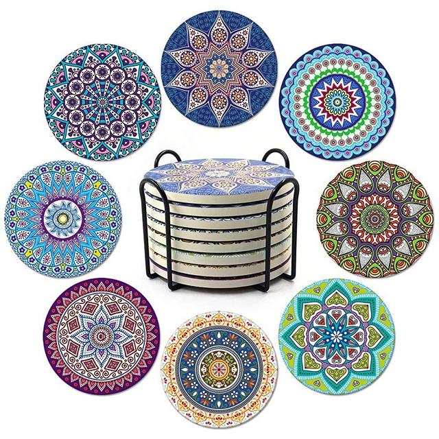 Coasters for Drinks,Absorbent Ceramic Stone with Cork Backing Mandala Style Coaster, Suitable for Kinds of Cups and Mugs,Protect Your Furniture from Spills Scratches Water Rings and Damage, Set of 8