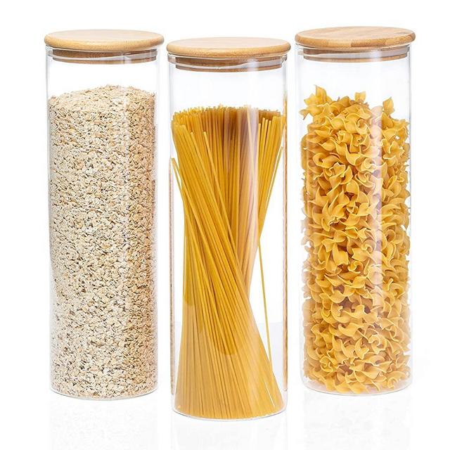 Crutello Glass Food Storage Containers with Bamboo Lids, 3 Pack - 72 Fluid oz Airtight Clear Kitchen Organization Canisters