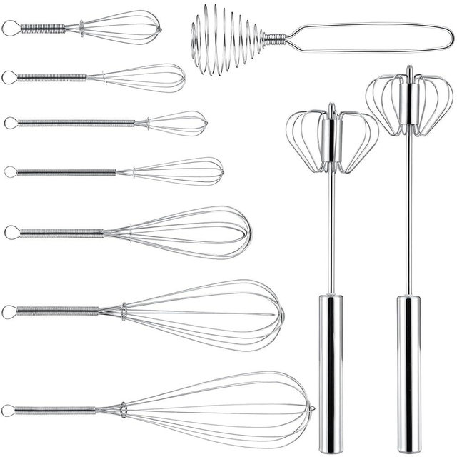 Teenyyou 10 Pcs Stainless Steel Whisks Set Egg Beater Semi Auto Whisk Blender Hand Push Beater Versatile Utensil for Kitchen Mixing Blending Beating Stirring Cooking 3 5 6 7 8 10 12 Inch