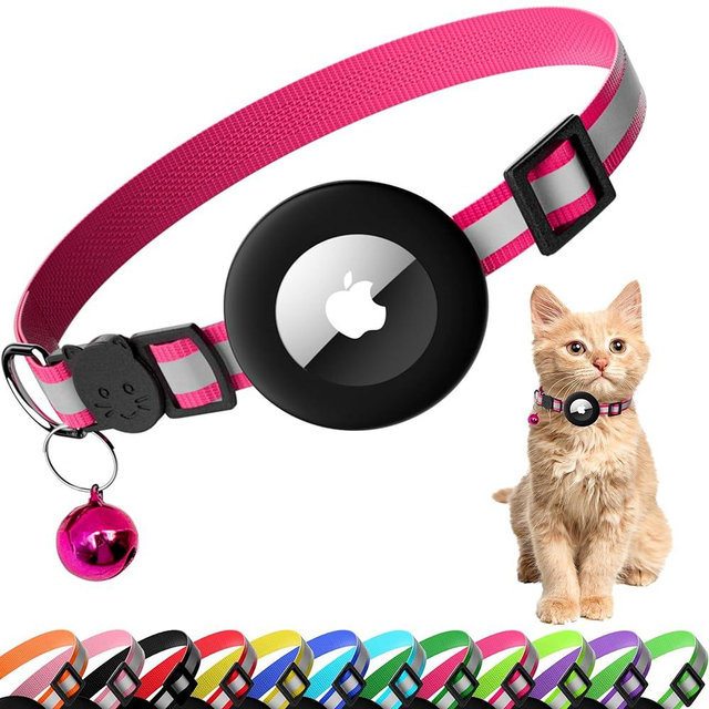 Seyezo Cat Collar with Air Tag Holder, Reflective Kitten Collar with Bell, Breakaway Airtag Cat Collar for Boys Girls Cats, GPS Tracker for Cats 0.4’’ Width Adjustable Safe Kitty Collar, Rose red