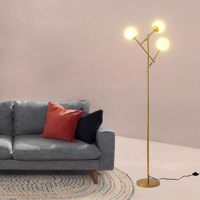 Fiqevs Sputnik 3 Globe Mid Century Floor Lamp Modern Gold, 3 Lights Standing Lamp with Frosted Glass Shade and Bulbs Included, LED Tall Floor Light for Living Room, Bedroom, Office - Antique Brass