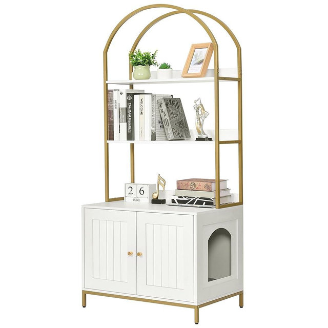 Homhedy Cat Litter Box Enclosure, Litter Box Furniture Hidden with 2-Tier Storage Shelves, Wooden Cat Washroom Furniture with Metal Frame, Cat House, Modern Style, White and Gold