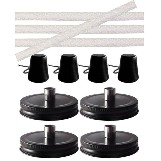 4 Pack Mason Jar Outdoor Tabletop Torch Kit Set, Fiberglass Wicks,Stainless Steel Lid with Outfire Cover Caps,6-inch High,for Patio Garden Party Table Decor Torch Lights (Black Lid)