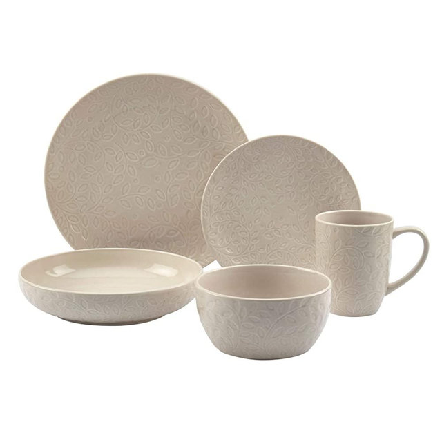 Unknown1 Tabletops Gallery 20pc Boxwood White Round Dinnerware Set Service for 4 Solid Modern Contemporary Porcelain 20 Piece Dishwasher Safe