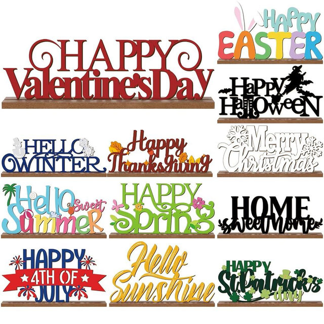 12 Pcs Interchangeable Seasonal Decor Holiday Sign Wooden Desk Table Decor for Office Home Rustic Farmhouse Multiple Holiday Sign with Wooden Base Tiered Tray Tabletop Mantel Valentine Welcome Signs